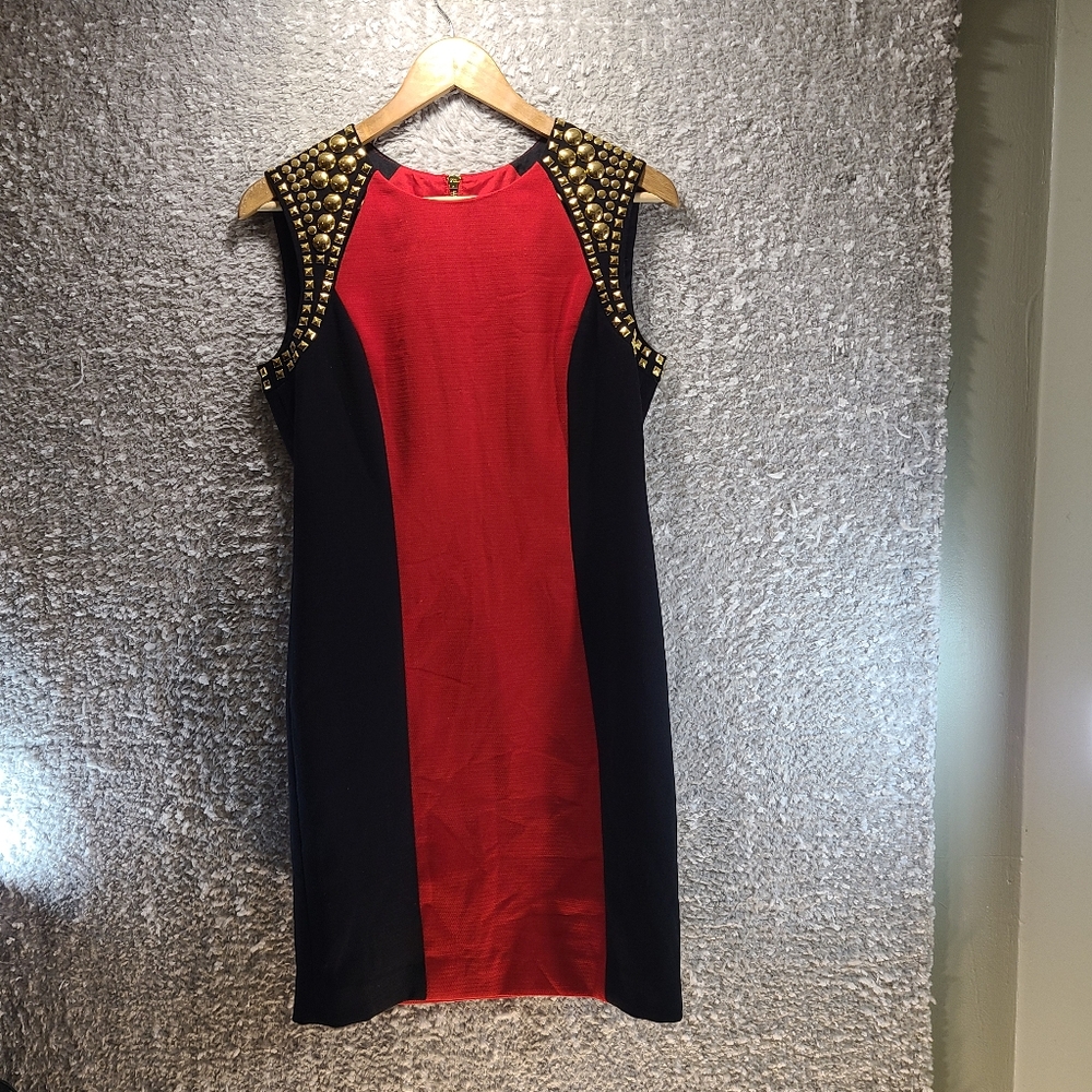 Michael Kors Deep Red Black Color Block Gold Studs Stripes Sleeveless Dress Sz 4